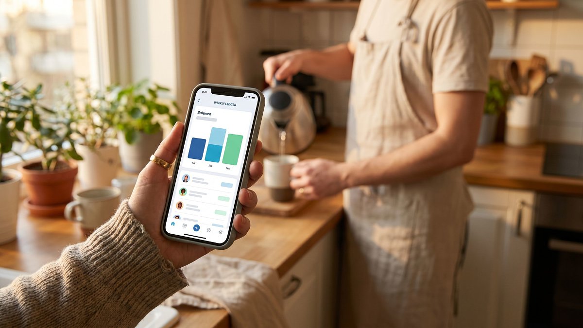 Smartphone showing a shared bill-splitting ledger interface in a sunlit roommate kitchen