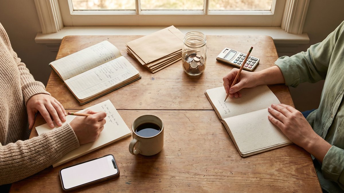 Hand writing in a household ledger notebook next to utility bills and a calculator on a kitchen table