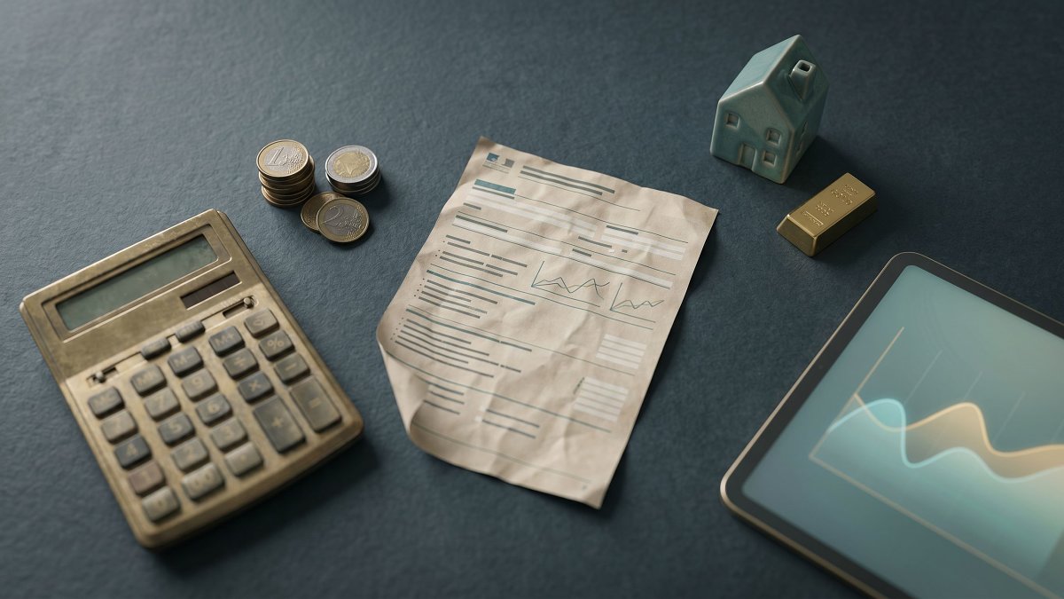 Composition à plat d'outils de planification financière française, calculatrice, pièces euro, formulaire fiscal, lingot d'or et tablette avec graphique stylisé