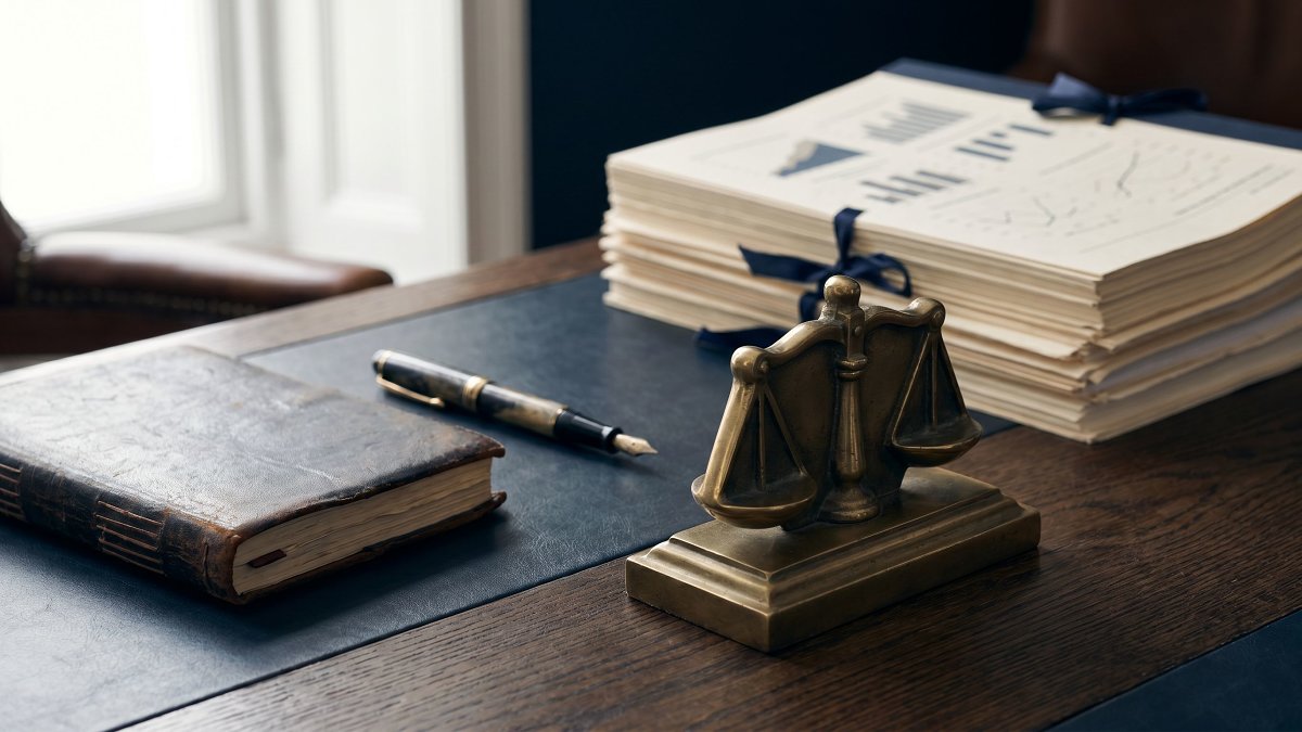 Bureau d'un conseiller en gestion de patrimoine français, documents reliés cuir, stylo plume et presse-papier en forme de balance, lumière naturelle
