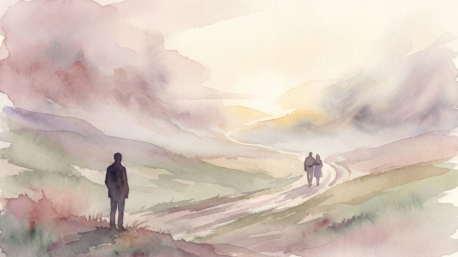 Silhouette contemplant un horizon brumeux au lever du jour, illustration éditoriale en aquarelle évoquant l'orientation dans la dépression et troubles de l'humeur