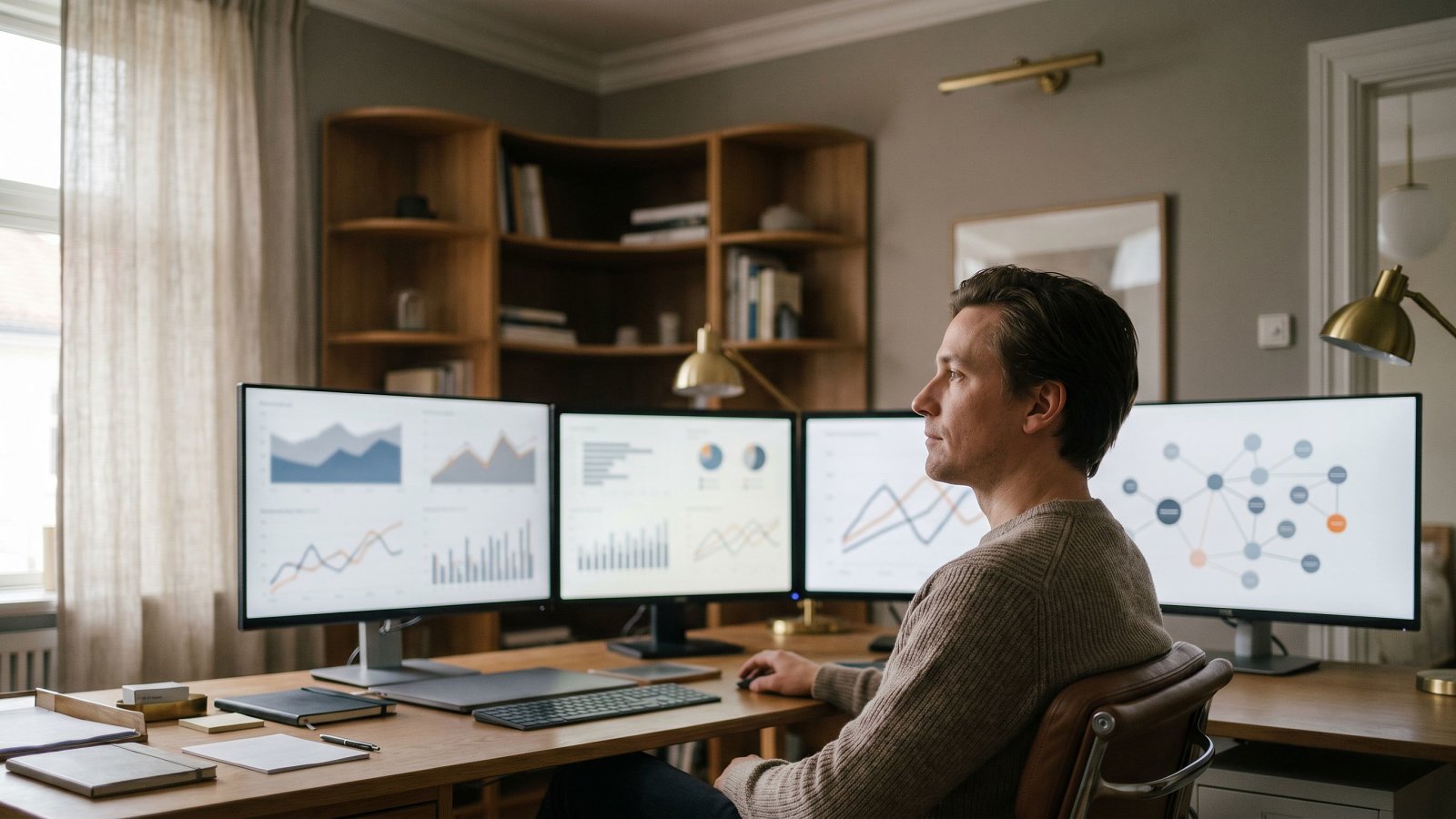 Operator at a multi-monitor workstation reviewing growth, SEO and content engineering dashboards