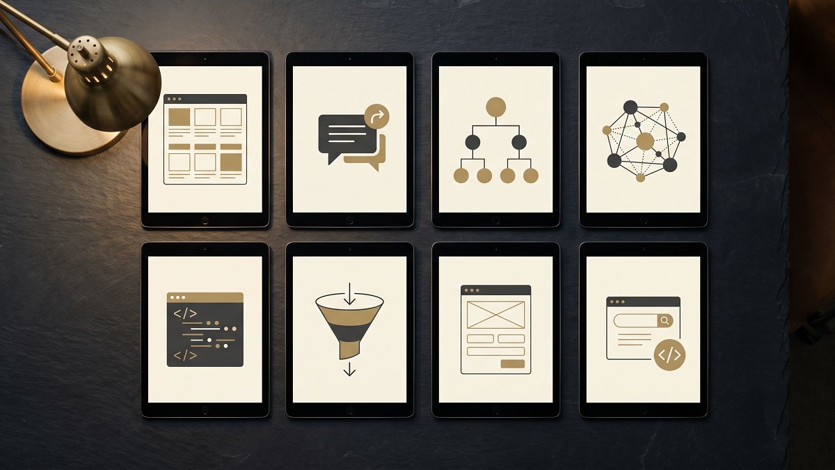 Eight tablets arranged in a grid, each showing a discipline inside the growth, SEO and content engineering territory