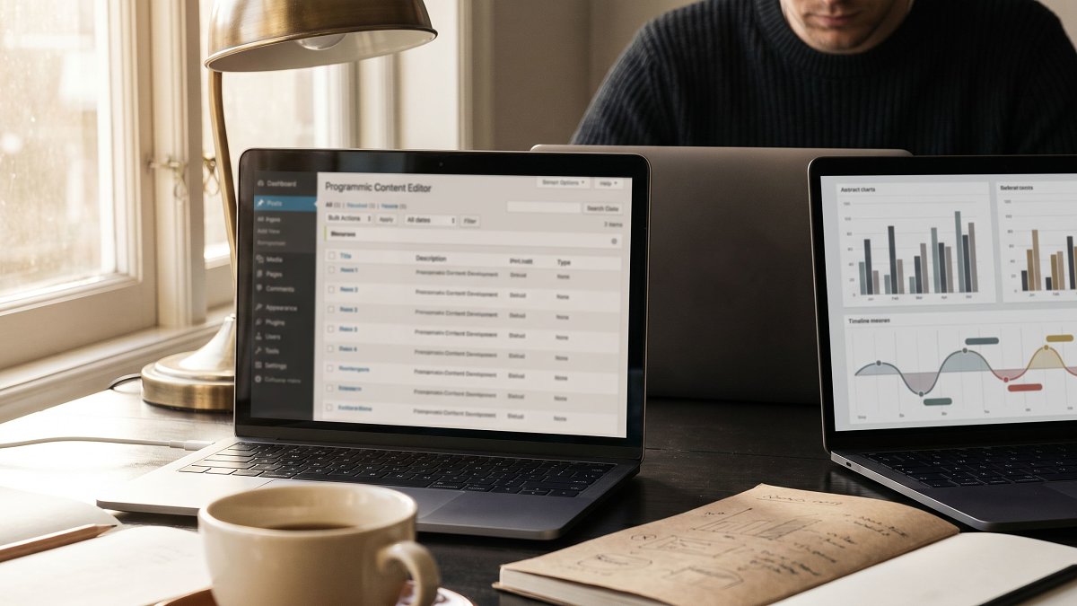 Two laptops side by side showing a programmatic SEO template editor and a generative engine citation dashboard