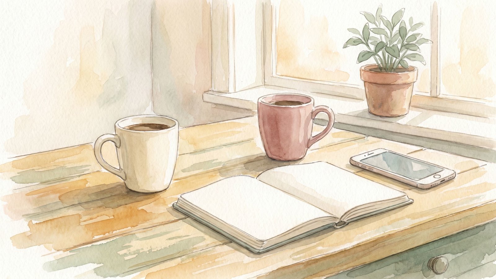 Two coffee mugs and an open notebook tracking shared expenses on a kitchen table