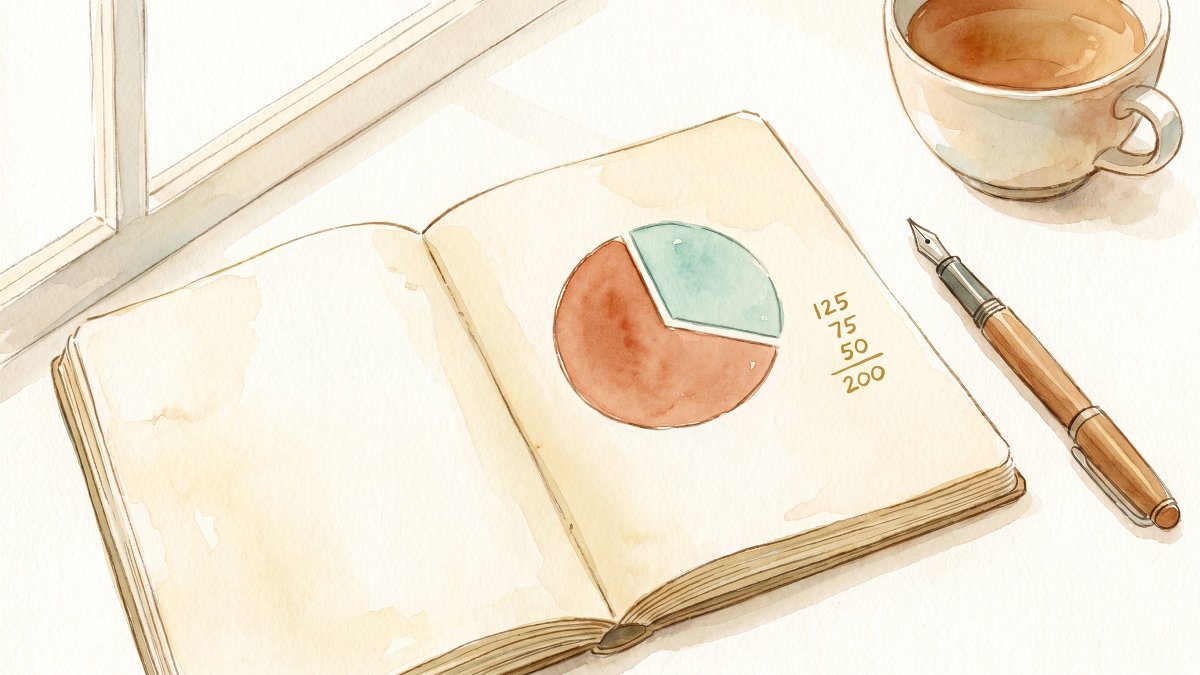 Notebook with a hand-drawn pie chart showing two unequal shares of household expenses