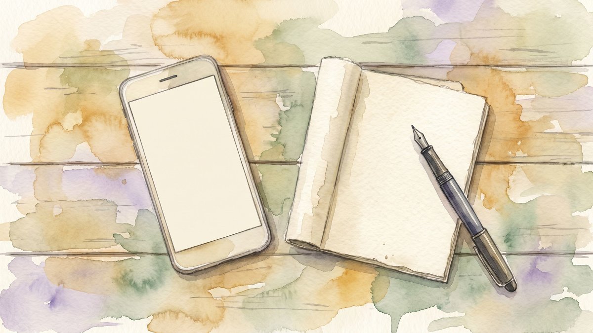 A smartphone, paper notebook, and fountain pen on a wooden table representing tools for tracking shared expenses
