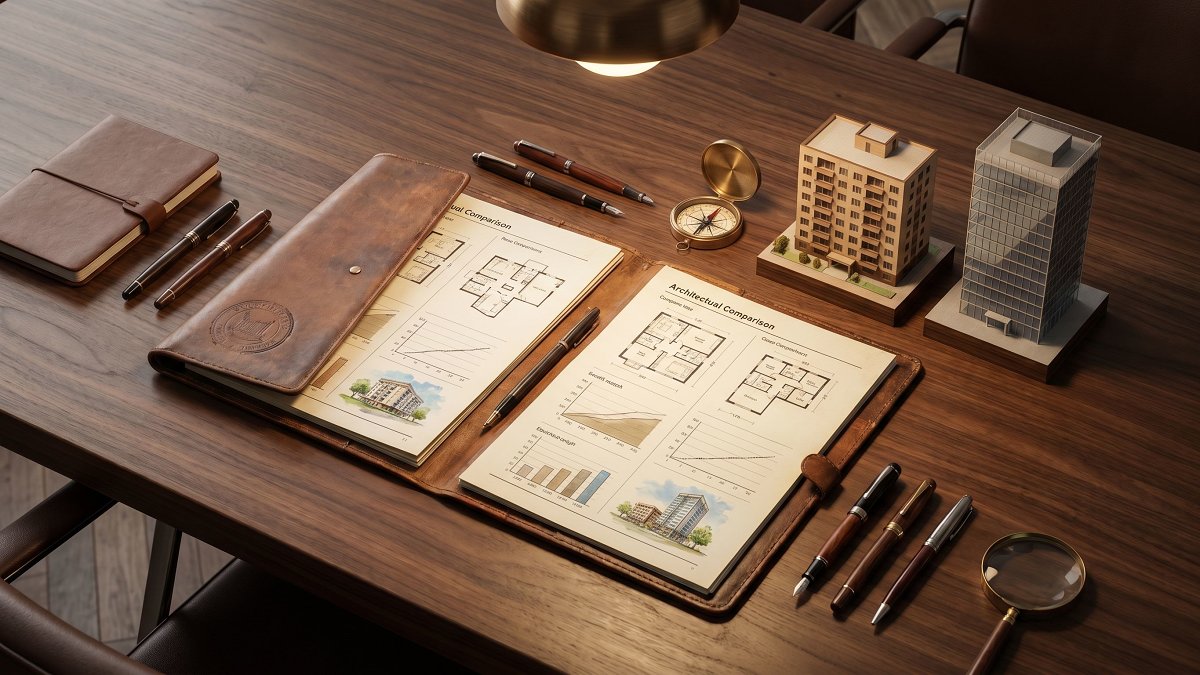 Maquettes et documents comparatifs illustrant le choix d'un véhicule d'investissement immobilier en France