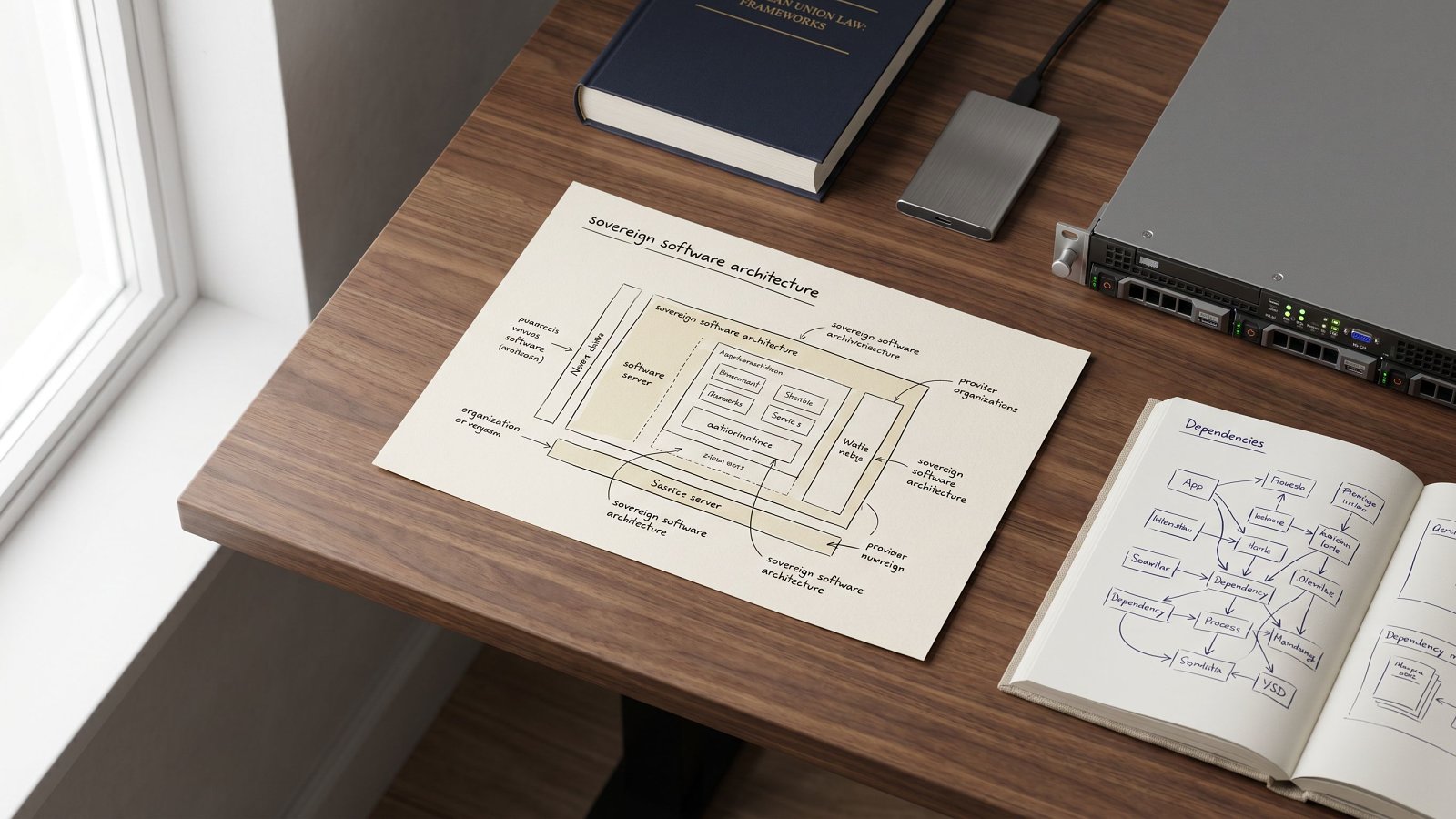 Sovereign software architecture map laid on a walnut desk for operators