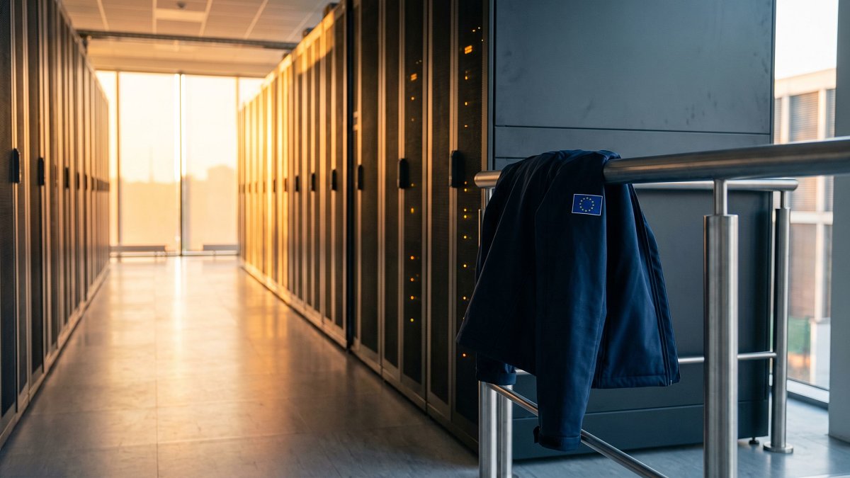 European Union data centre corridor with dedicated server racks at golden hour