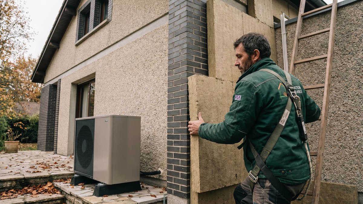 Artisan RGE posant une isolation thermique par l'extérieur sur une maison individuelle
