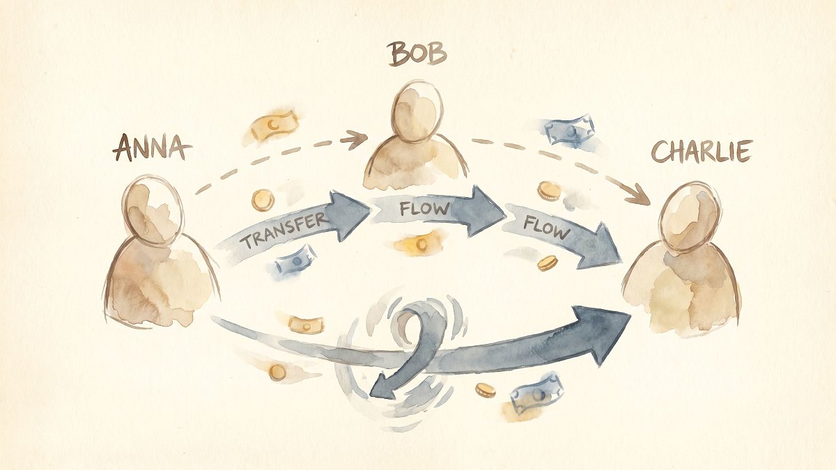 Diagram of three figures with arrows showing how a chain of debts collapses into one direct payment
