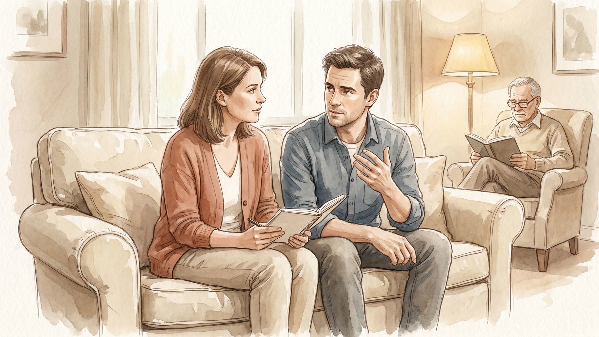 Two adult siblings having a careful financial conversation on a couch while an older parent reads nearby
