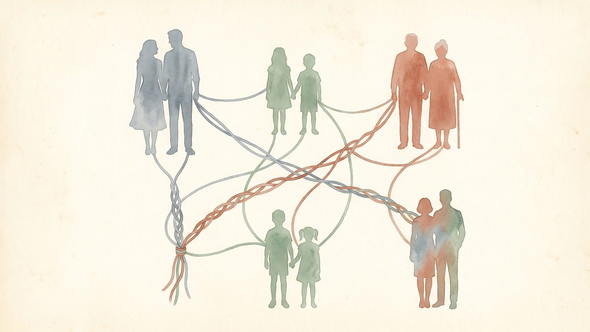Carte conceptuelle aquarelle d'une famille élargie reliée par des fils d'attachement