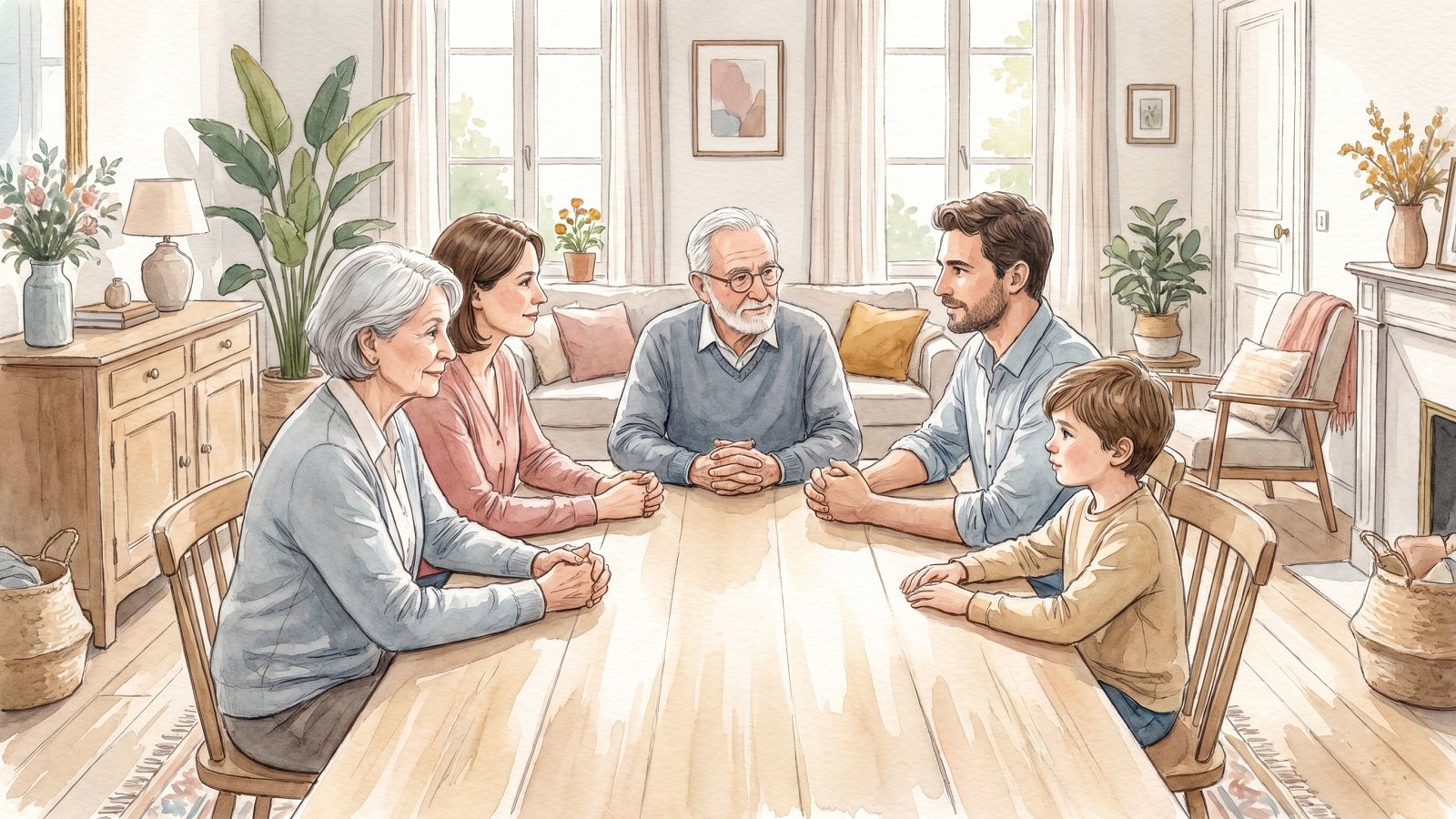 Aquarelle d'une famille de trois générations réunies dans un salon lumineux symbolisant les relations couple et famille