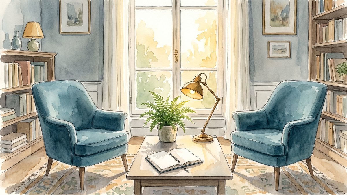 Aquarelle d'un cabinet de psychologue avec deux fauteuils face à face évoquant l'orientation thérapeutique