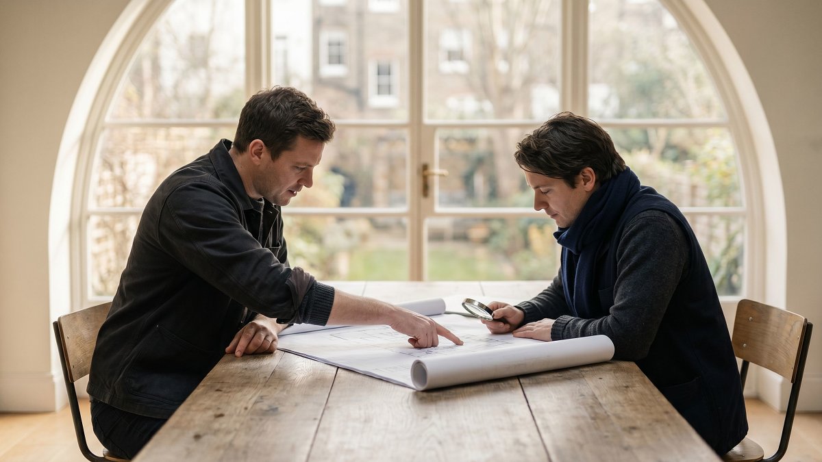 Two studio engineers reviewing printed architecture diagrams together at an oak table in soft daylight