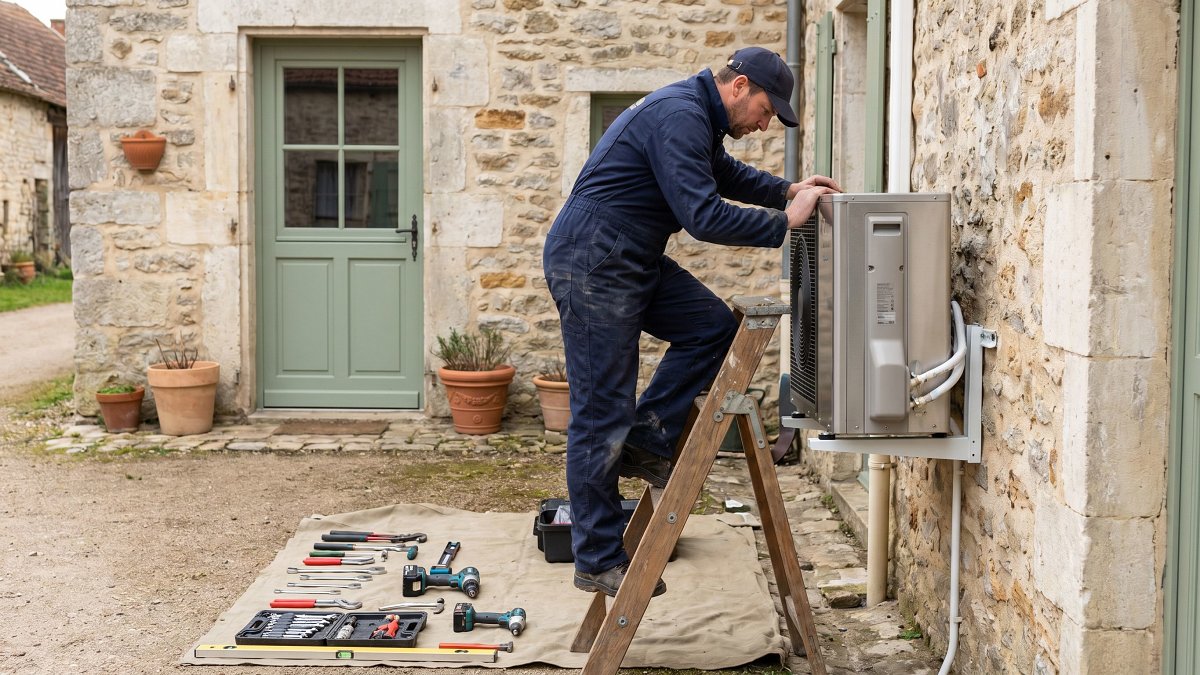 Artisan Vertena posant une pompe à chaleur air-eau sur une maison de village en pierre