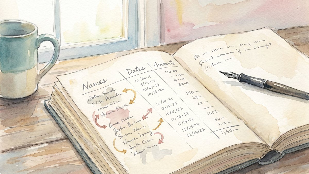 An open paper ledger with handwritten names, dates, dollar amounts, and arrows showing who owes whom