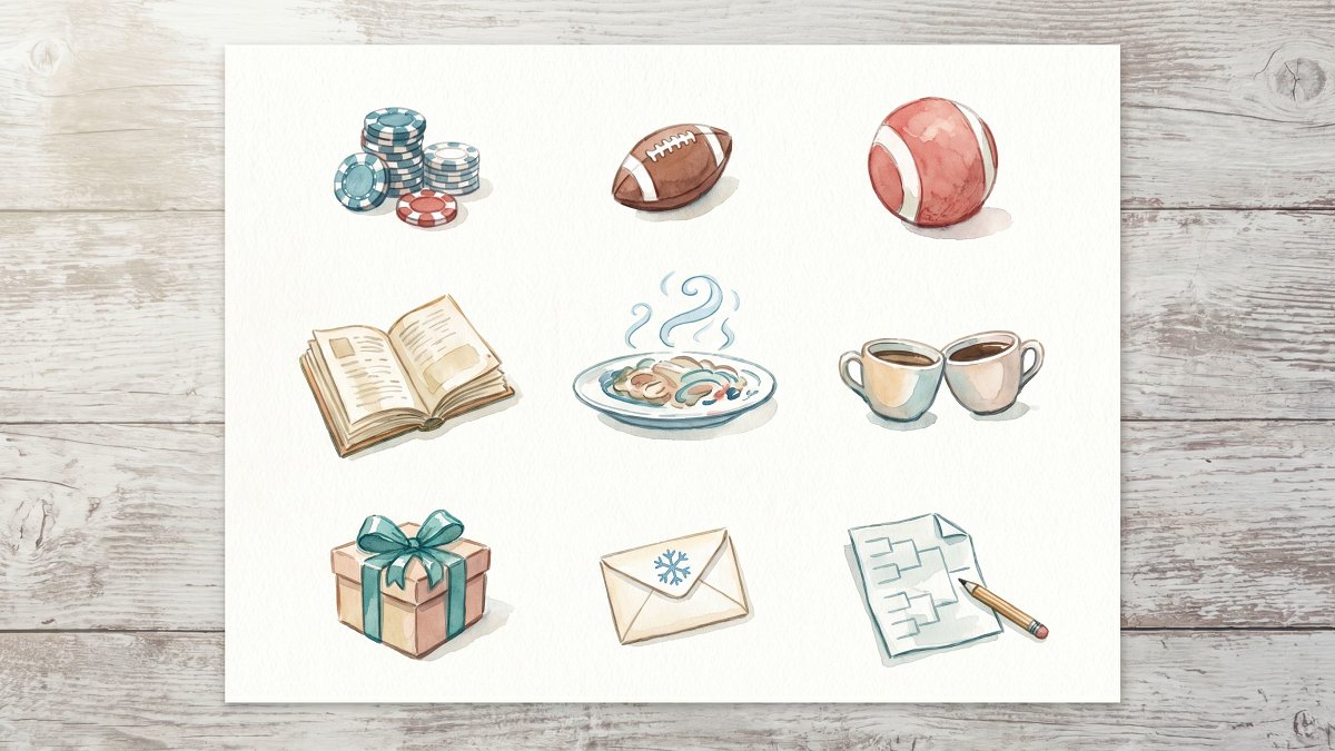 Top-down watercolor of nine small symbolic objects representing the nine hubs in the family of recurring social rituals