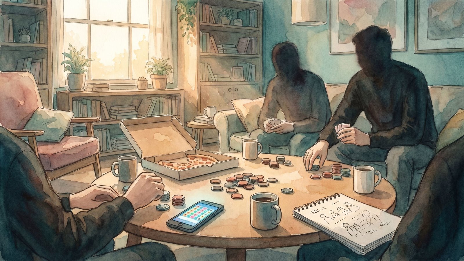 Friends gathered around a table with poker chips, takeout, and a phone showing a shared ledger