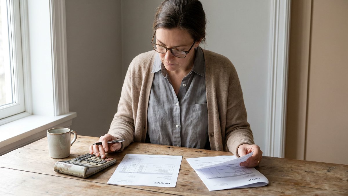 Propriétaire vérifiant la cohérence entre une facture de travaux et un devis signé