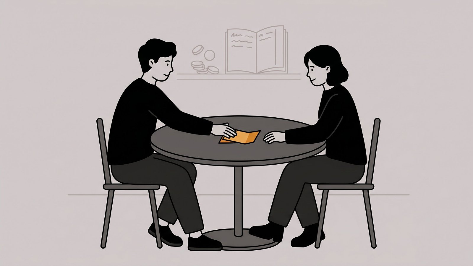 Two friends settling a small loan across a cafe table