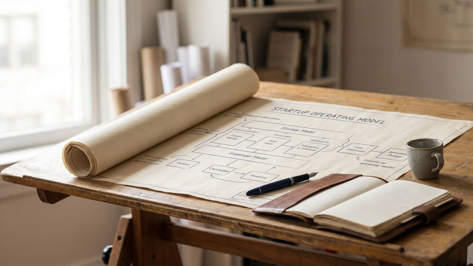 Operator-grade map of venture studio fundamentals on an architect's desk