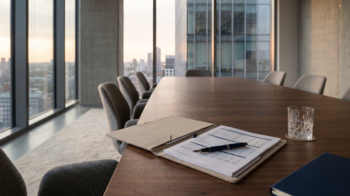 Boardroom dossier and fountain pen during an investor due diligence review