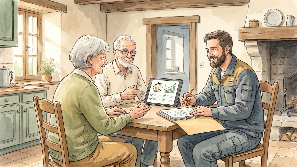Couple de propriétaires consultant un artisan RGE sur la simulation d'une prime CEE renovation autour d'une tablette