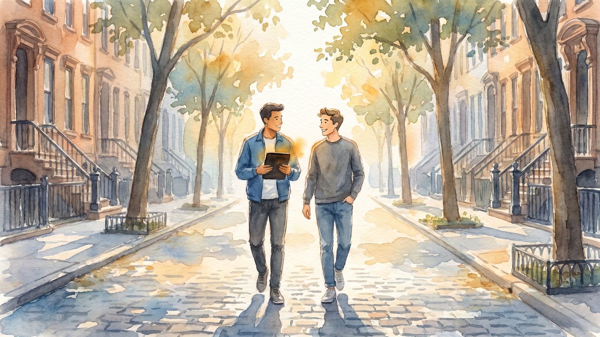 Two friends walking on a city street, one sending a polite money reminder text on a phone