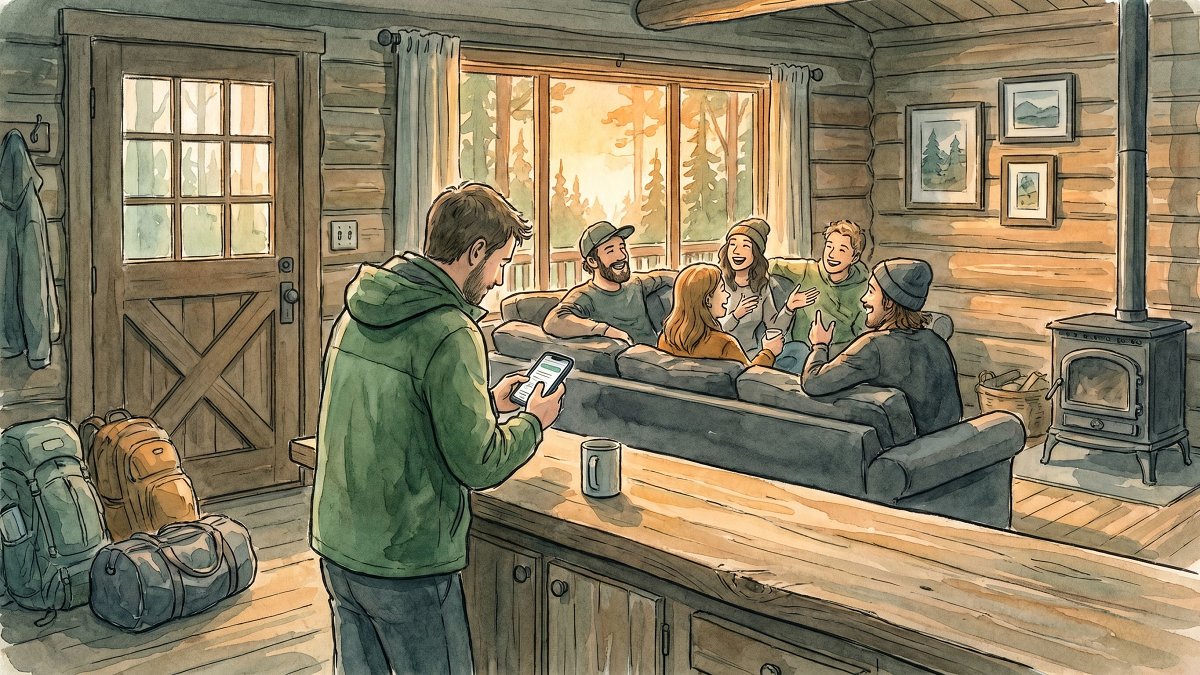 Six friends in a mountain cabin checking a shared expense list on a phone after a group trip