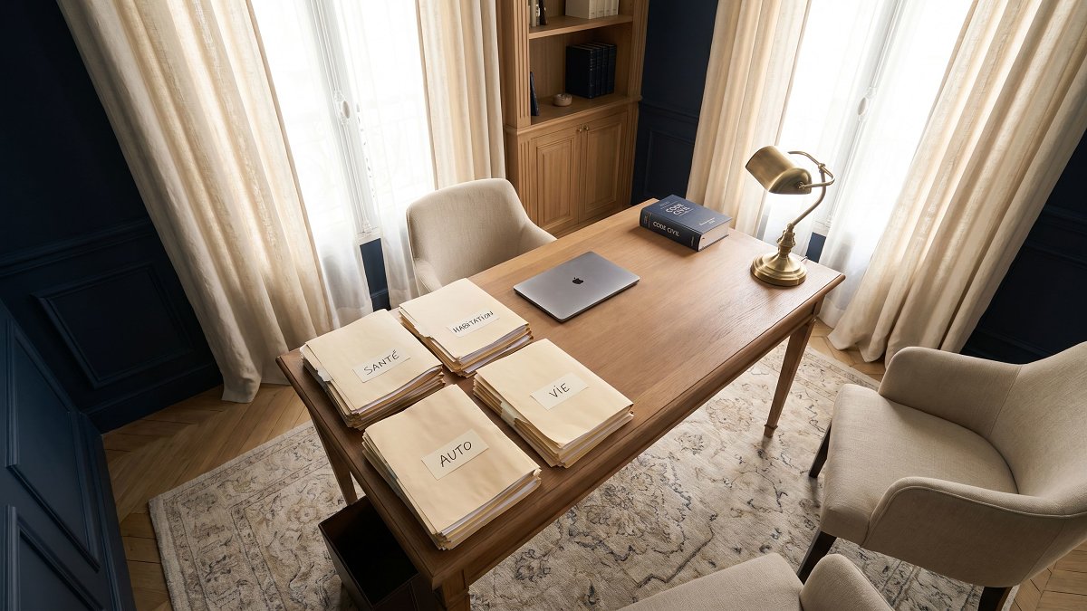 Bureau de courtier en assurance avec dossiers contractuels santé, habitation, auto et vie