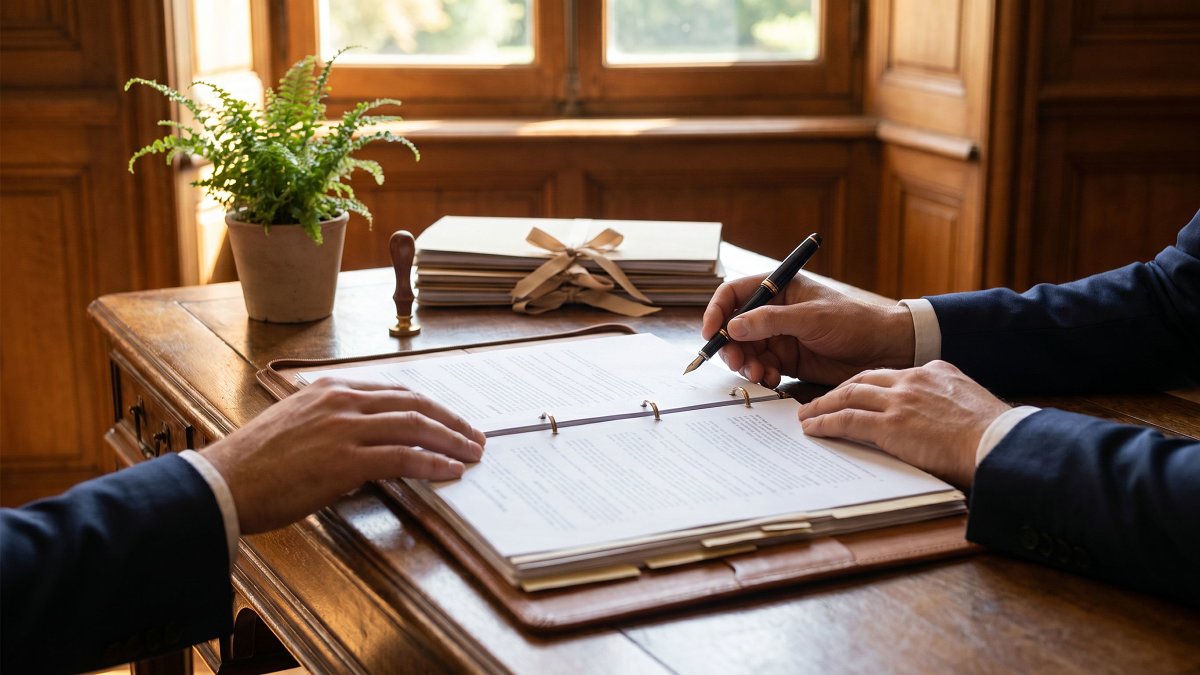 Gros plan sur la signature d'un contrat d'assurance avec un stylo plume sur un bureau en bois