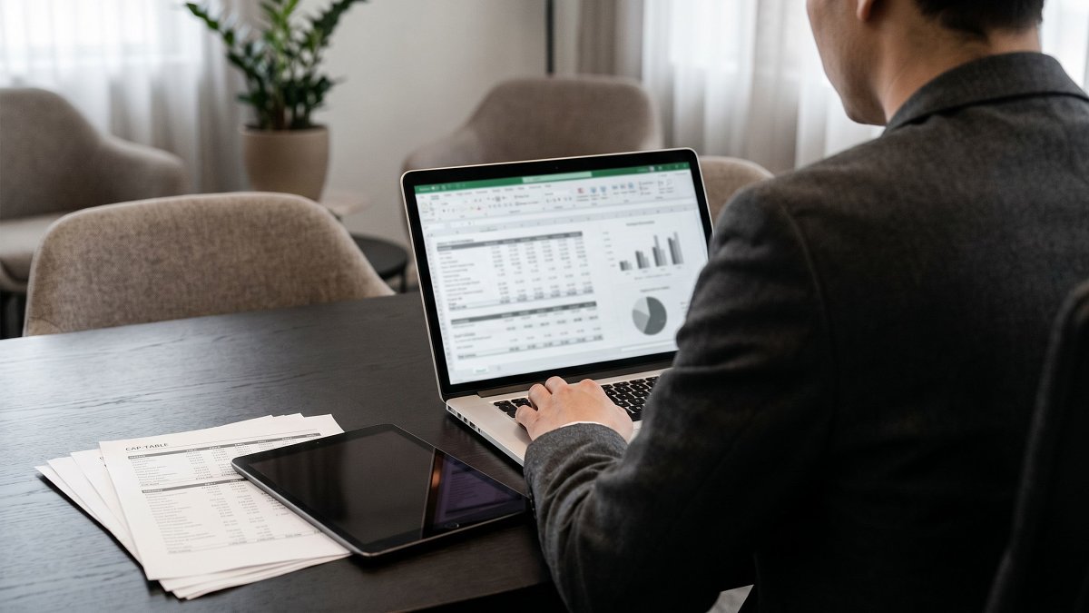 Investor reviewing equity grant ledger documents on a laptop next to a paper cap-table printout