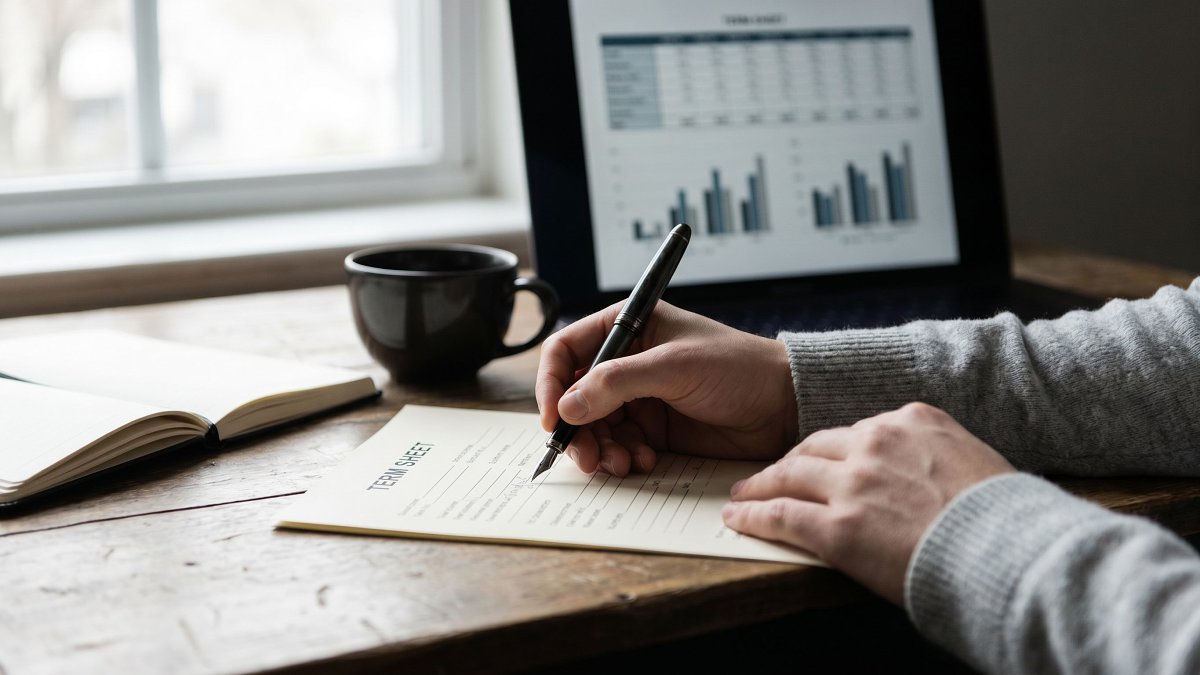 Term sheet being annotated with a fountain pen, cap-table spreadsheet visible on a secondary laptop