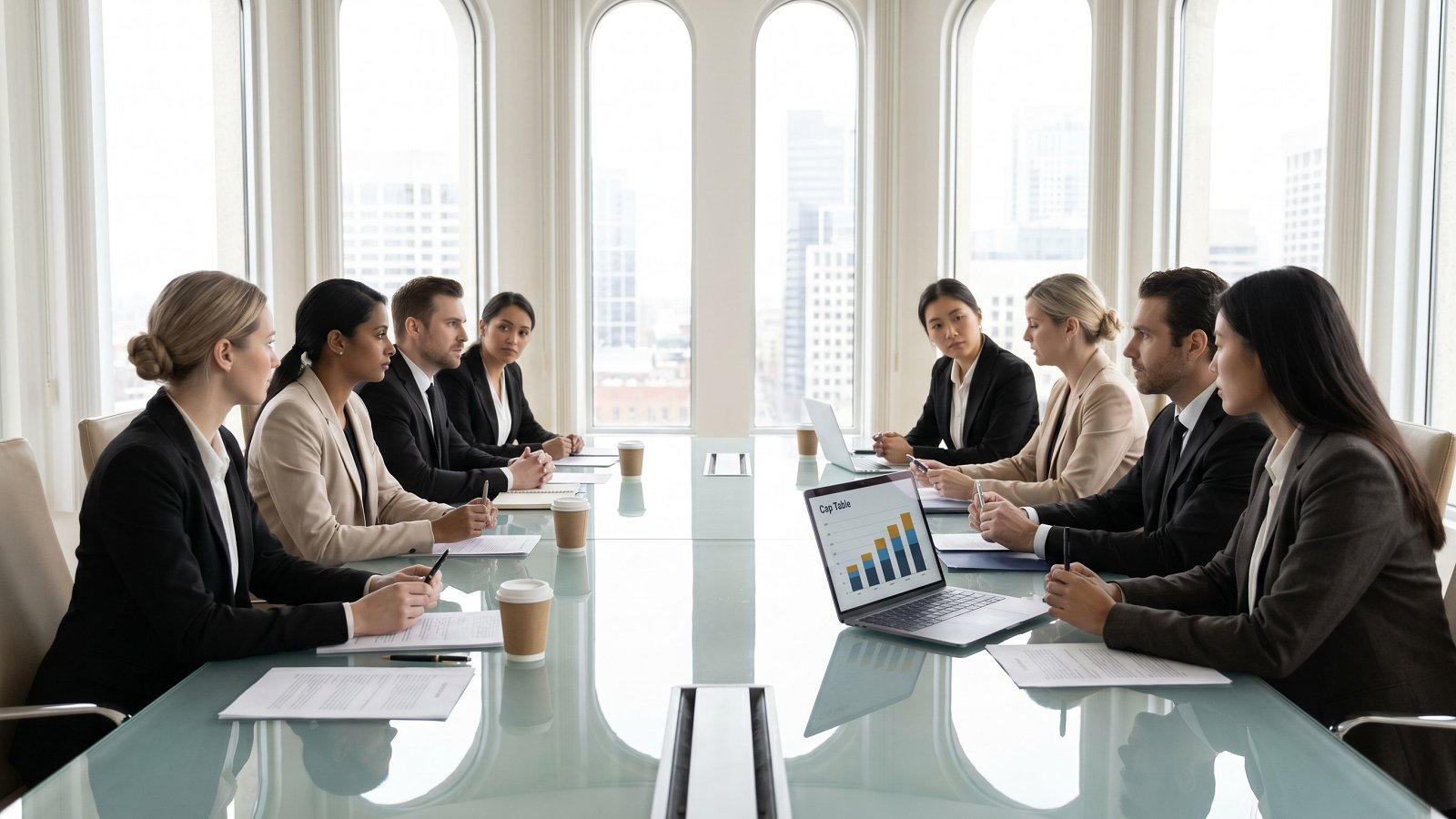 Operators negotiating an equity for tech deal across a glass meeting table with a cap-table chart on screen