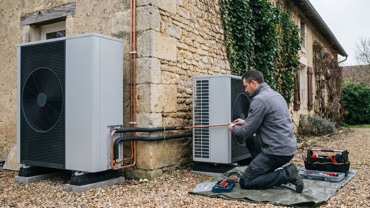 Technicien RGE Vertena installant une pompe à chaleur air-eau, geste éligible Eco PTZ