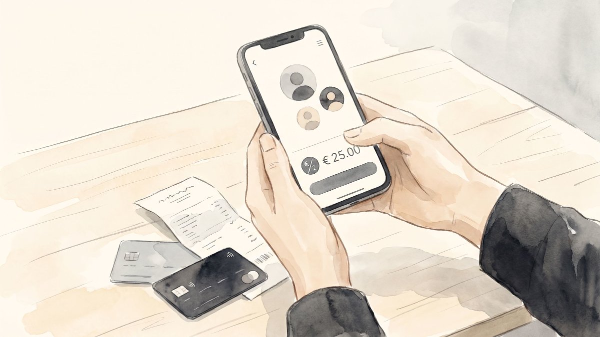 Hands holding a smartphone above a restaurant table, the screen showing a clean per-person split amount next to a paper receipt and two debit cards