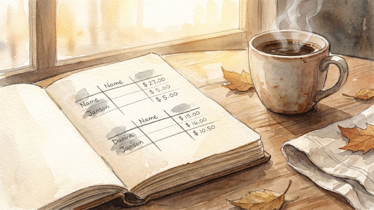 Open notebook on a cafe table sketched with a grid of names and dollar amounts beside a steaming coffee cup