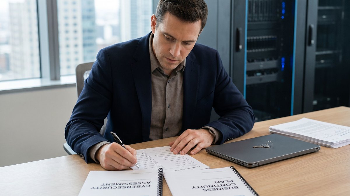 Dirigeant français revoyant son dispositif de cybersécurité et de continuité d'activité en assurance professionnelle France
