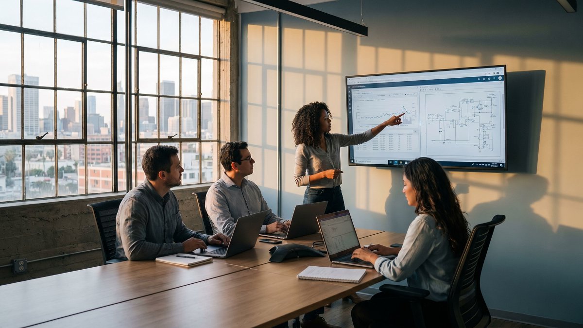 Photograph of an engineering team coordination meeting, the operating cadence of a build operate transfer engagement in motion