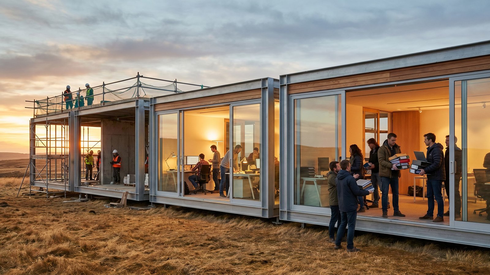 Three sequential office spaces representing the Build, Operate, and Transfer phases of a build operate transfer engagement