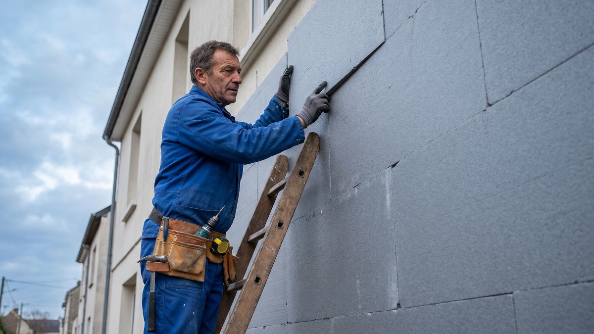 Artisan RGE installant une isolation thermique par l'extérieur sur une façade résidentielle