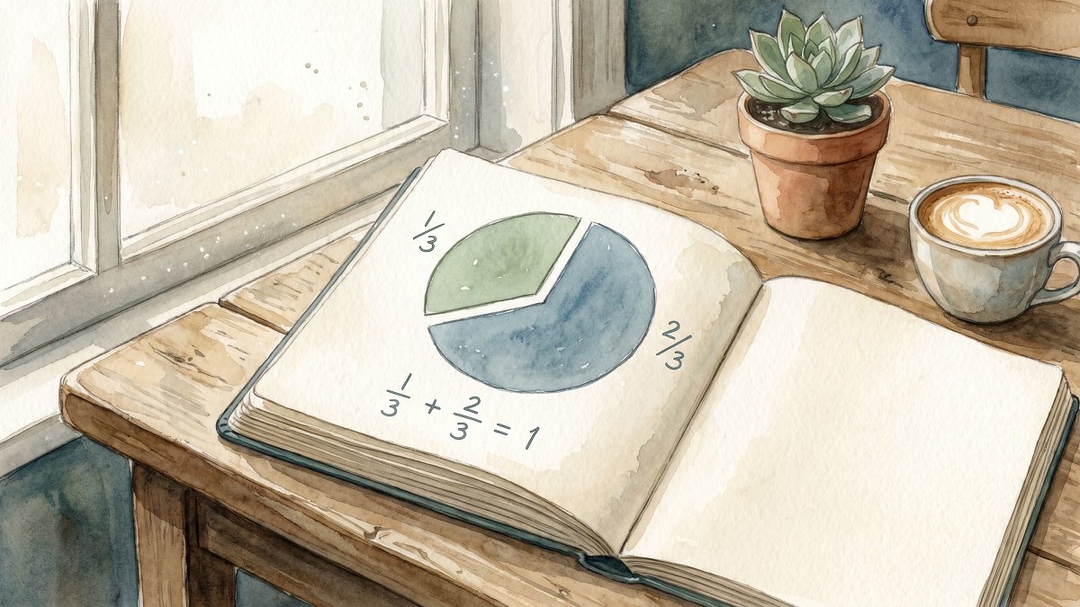 Open notebook on a cafe table showing a hand-drawn pie chart and simple arithmetic