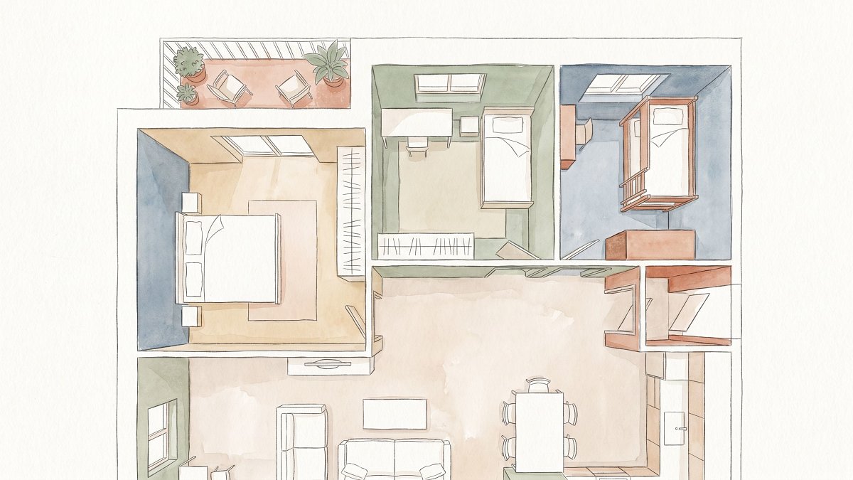 Architectural cutaway of a three-bedroom apartment showing rooms of three different sizes
