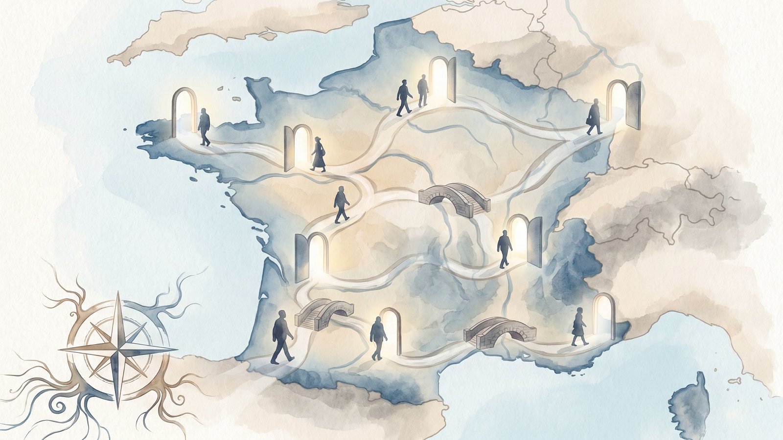 Carte aquarelle des chemins thérapeutiques validés en France, silhouettes marchant vers différentes portes ouvertes