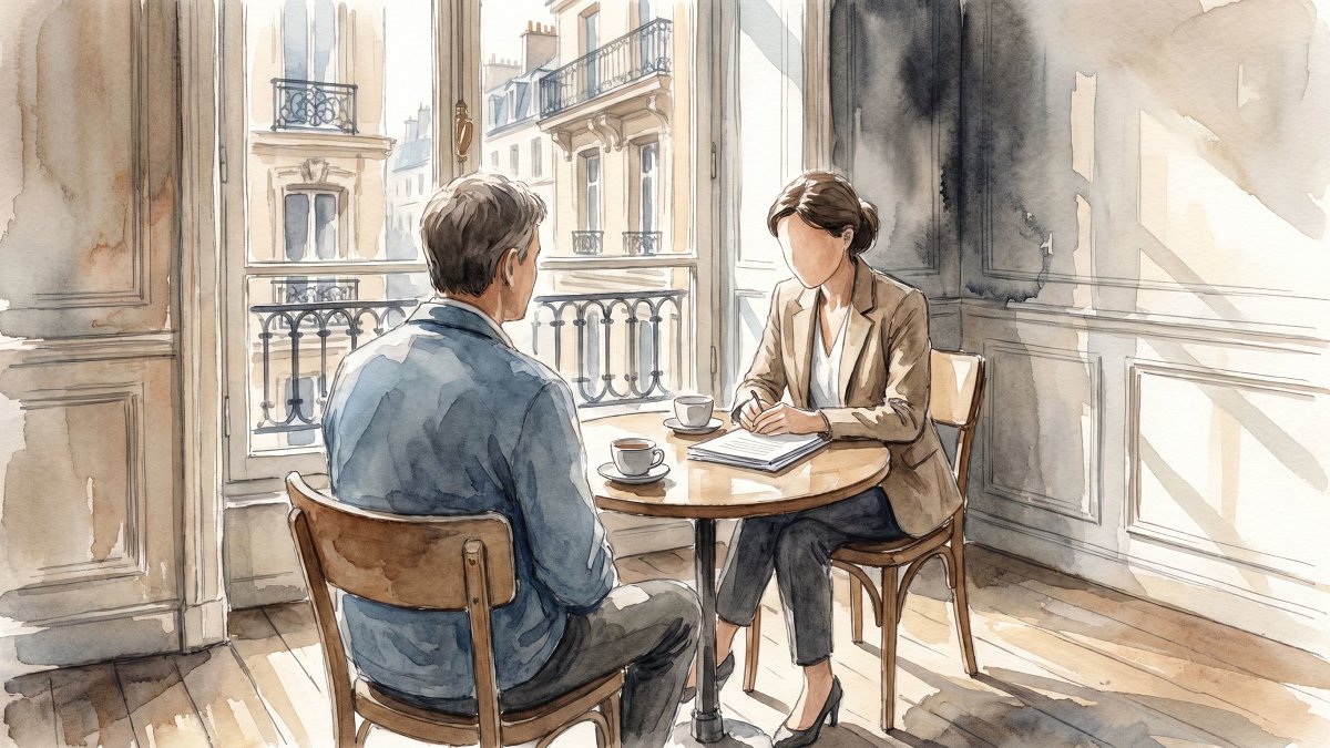 Scène de consultation calme entre un adulte et un professionnel de santé mentale dans un cabinet baigné de lumière