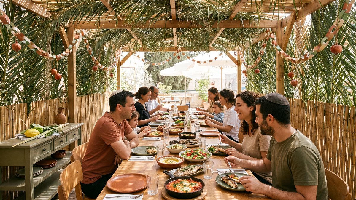 A kosher restaurant sukkah on a terrace in Israel during Sukkot, bamboo roof of palm fronds overhead, long communal wood table set for a family lunch with Mediterranean dishes, citron and lulav on a side console, warm earth and terracotta palette