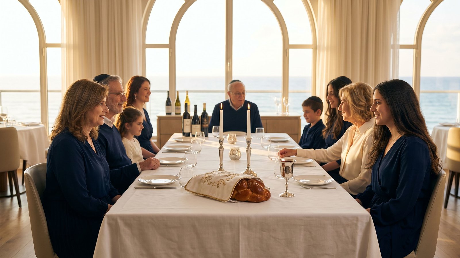 An observant Jewish family at a kosher Friday night Shabbat table in a Tel Aviv hotel dining room, candles lit, three generations seated, sea view through large windows